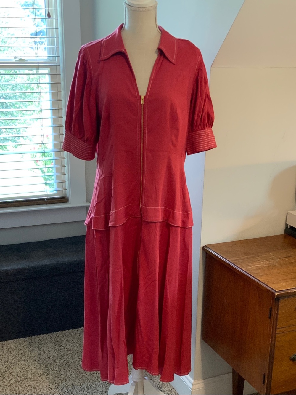 Umgee Red Zip-Front Midi Dress with Short Puffed Sleeves - NWOT